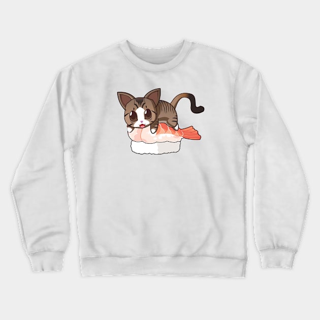 Brown Stripped Cat Shrimp Sushi Crewneck Sweatshirt by Myanko